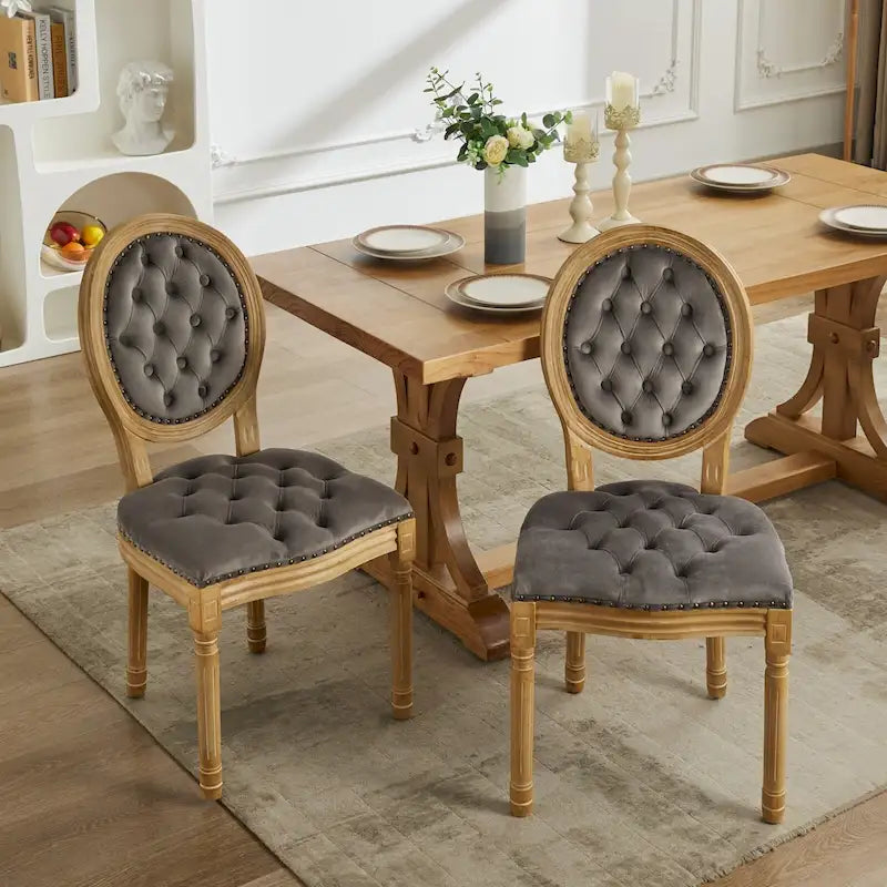 Sillas de Comedor Antiguas con Estructura de Madera Maciza, con Decoración de Hebillas Cosidas a Mano y Tapizado de Terciopelo con Tachuelas, Juego de 2