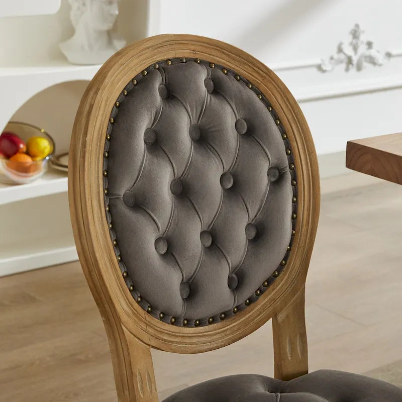Sillas de Comedor Antiguas con Estructura de Madera Maciza, con Decoración de Hebillas Cosidas a Mano y Tapizado de Terciopelo con Tachuelas, Juego de 2