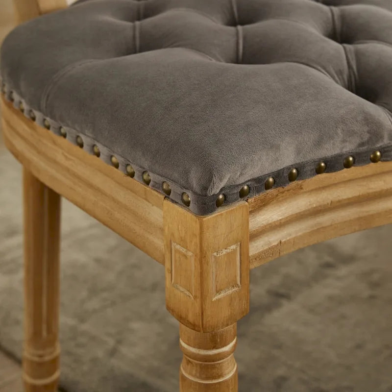Sillas de Comedor Antiguas con Estructura de Madera Maciza, con Decoración de Hebillas Cosidas a Mano y Tapizado de Terciopelo con Tachuelas, Juego de 2