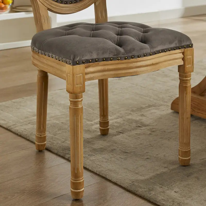 Sillas de Comedor Antiguas con Estructura de Madera Maciza, con Decoración de Hebillas Cosidas a Mano y Tapizado de Terciopelo con Tachuelas, Juego de 2