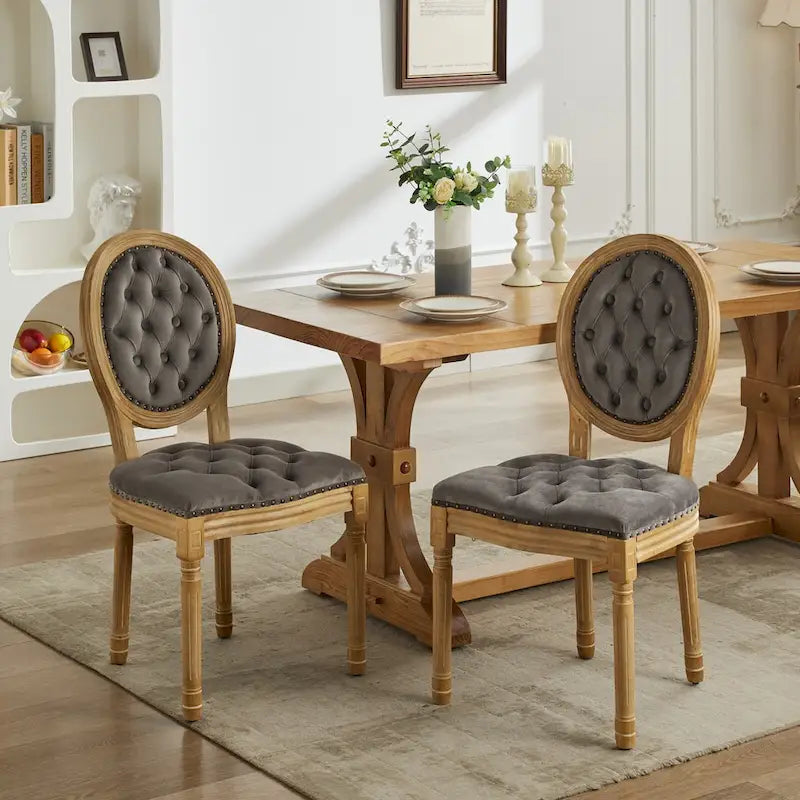 Sillas de Comedor Antiguas con Estructura de Madera Maciza, con Decoración de Hebillas Cosidas a Mano y Tapizado de Terciopelo con Tachuelas, Juego de 2