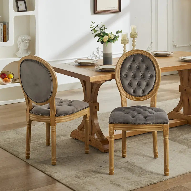 Sillas de Comedor Antiguas con Estructura de Madera Maciza, con Decoración de Hebillas Cosidas a Mano y Tapizado de Terciopelo con Tachuelas, Juego de 2