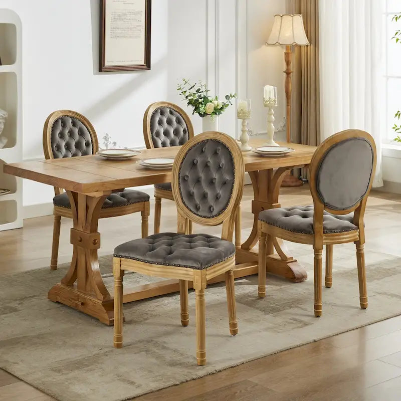 Sillas de Comedor Antiguas con Estructura de Madera Maciza, con Decoración de Hebillas Cosidas a Mano y Tapizado de Terciopelo con Tachuelas, Juego de 2