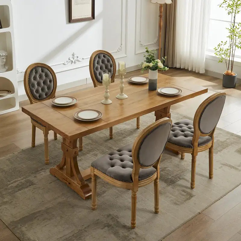 Sillas de Comedor Antiguas con Estructura de Madera Maciza, con Decoración de Hebillas Cosidas a Mano y Tapizado de Terciopelo con Tachuelas, Juego de 2