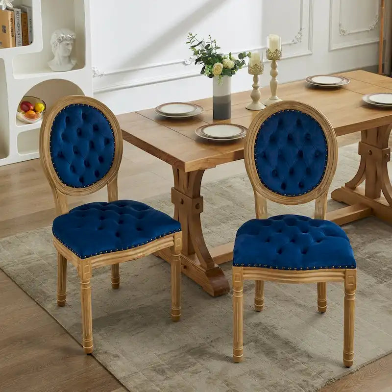 Sillas de Comedor Antiguas con Estructura de Madera Maciza, con Decoración de Hebillas Cosidas a Mano y Tapizado de Terciopelo con Tachuelas, Juego de 2
