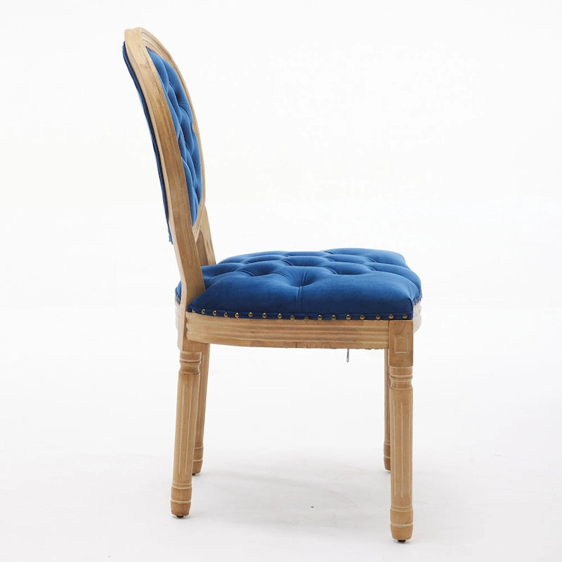 Sillas de Comedor Antiguas con Estructura de Madera Maciza, con Decoración de Hebillas Cosidas a Mano y Tapizado de Terciopelo con Tachuelas, Juego de 2