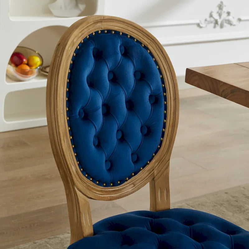 Sillas de Comedor Antiguas con Estructura de Madera Maciza, con Decoración de Hebillas Cosidas a Mano y Tapizado de Terciopelo con Tachuelas, Juego de 2