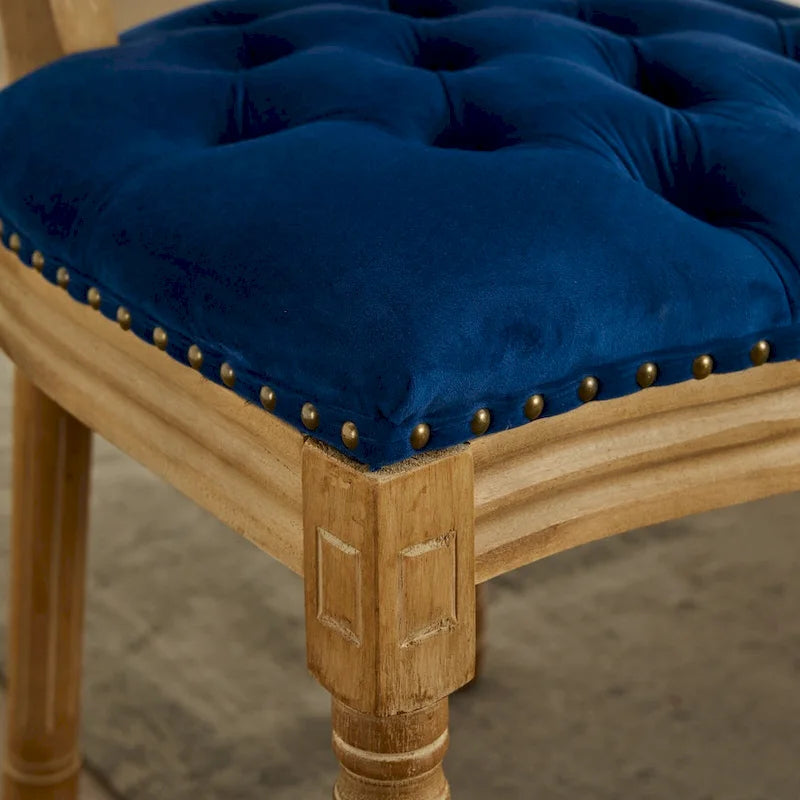 Sillas de Comedor Antiguas con Estructura de Madera Maciza, con Decoración de Hebillas Cosidas a Mano y Tapizado de Terciopelo con Tachuelas, Juego de 2
