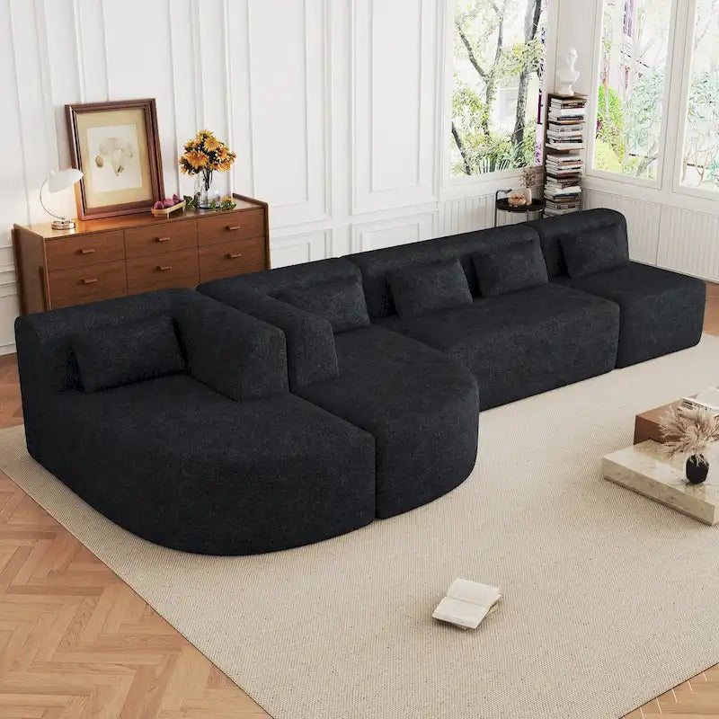 Sofá modular tapizado con 2 chaise longues curvadas y 5 cojines de respaldo, sofá seccional de libre combinación para sala de estar