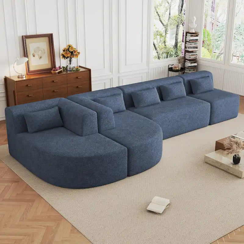 Sofá modular tapizado con 2 chaise longues curvadas y 5 cojines de respaldo, sofá seccional de libre combinación para sala de estar