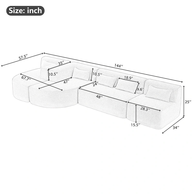 Sofá modular tapizado con 2 chaise longues curvadas y 5 cojines de respaldo, sofá seccional de libre combinación para sala de estar