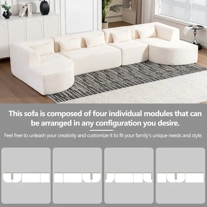 Sofá modular tapizado con 2 chaise longues curvadas y 5 cojines de respaldo, sofá seccional de libre combinación para sala de estar