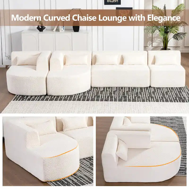 Sofá modular tapizado con 2 chaise longues curvadas y 5 cojines de respaldo, sofá seccional de libre combinación para sala de estar