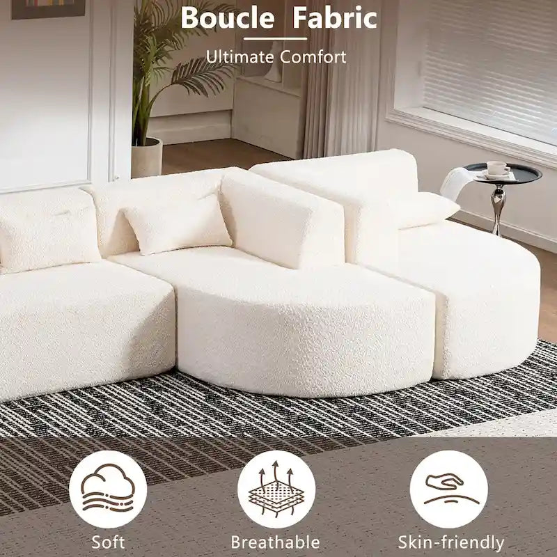 Sofá modular tapizado con 2 chaise longues curvadas y 5 cojines de respaldo, sofá seccional de libre combinación para sala de estar