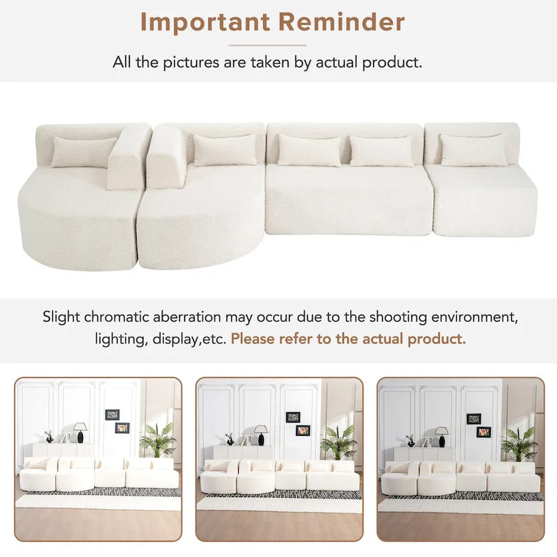 Sofá modular tapizado con 2 chaise longues curvadas y 5 cojines de respaldo, sofá seccional de libre combinación para sala de estar