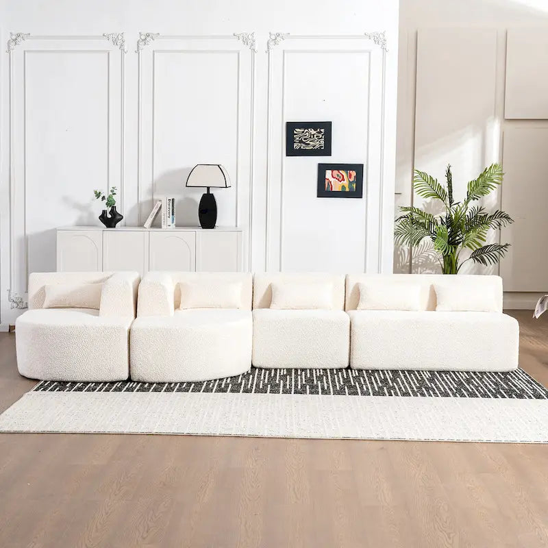 Sofá modular tapizado con 2 chaise longues curvadas y 5 cojines de respaldo, sofá seccional de libre combinación para sala de estar