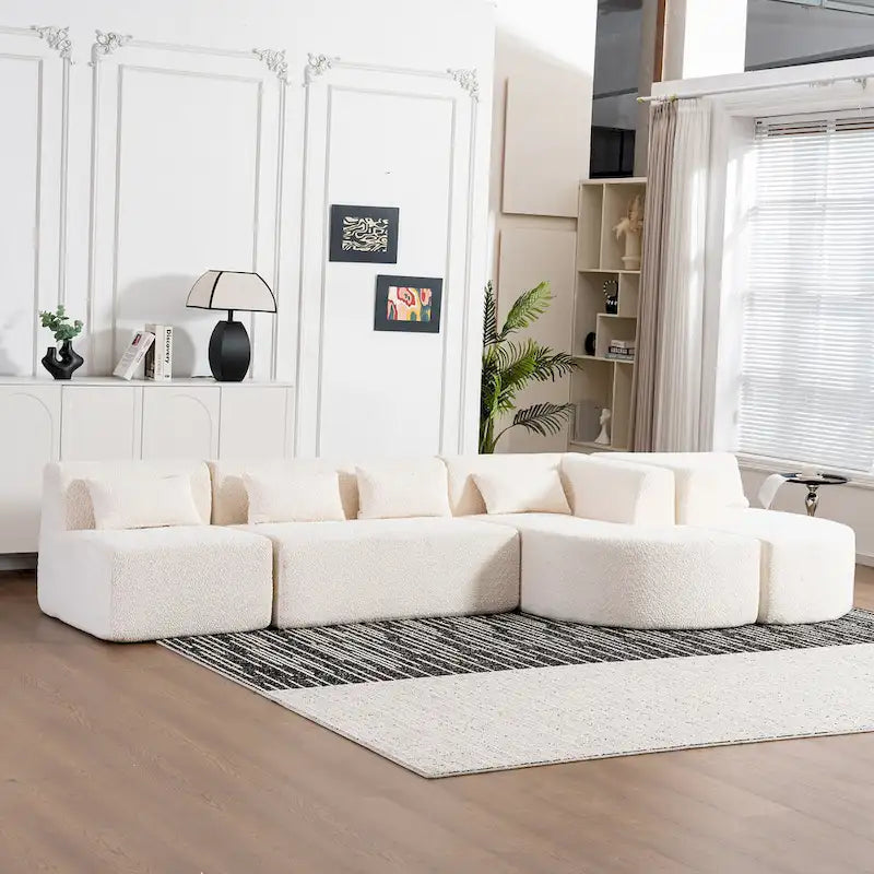 Sofá modular tapizado con 2 chaise longues curvadas y 5 cojines de respaldo, sofá seccional de libre combinación para sala de estar