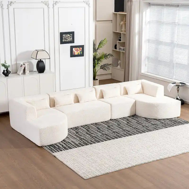 Sofá modular tapizado con 2 chaise longues curvadas y 5 cojines de respaldo, sofá seccional de libre combinación para sala de estar