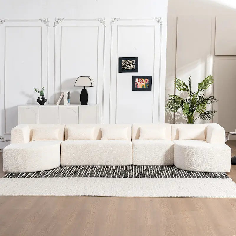 Sofá modular tapizado con 2 chaise longues curvadas y 5 cojines de respaldo, sofá seccional de libre combinación para sala de estar