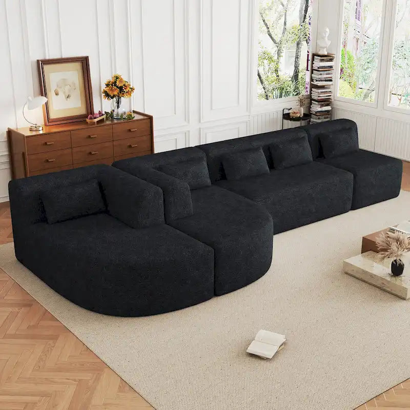Sofá modular tapizado con 2 chaise longues curvadas y 5 cojines de respaldo, sofá seccional de libre combinación para sala de estar