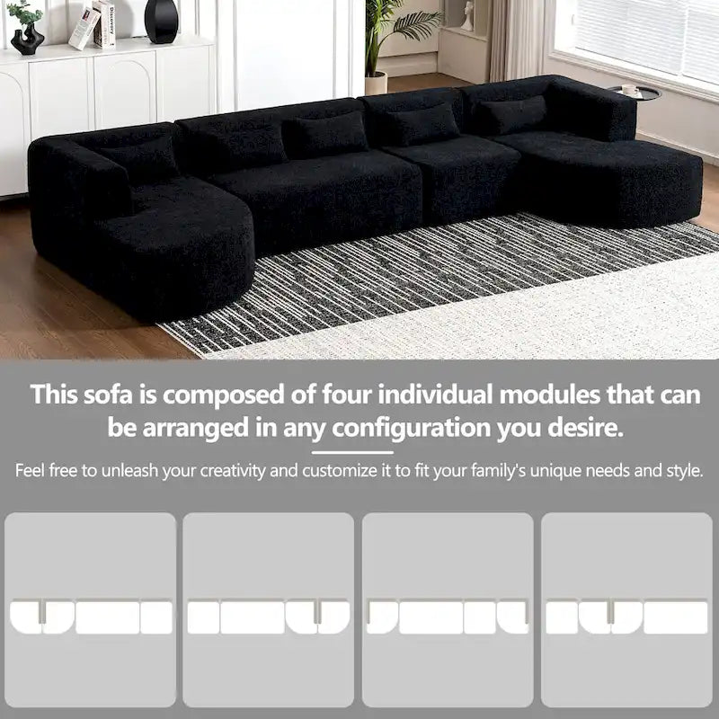 Sofá modular tapizado con 2 chaise longues curvadas y 5 cojines de respaldo, sofá seccional de libre combinación para sala de estar