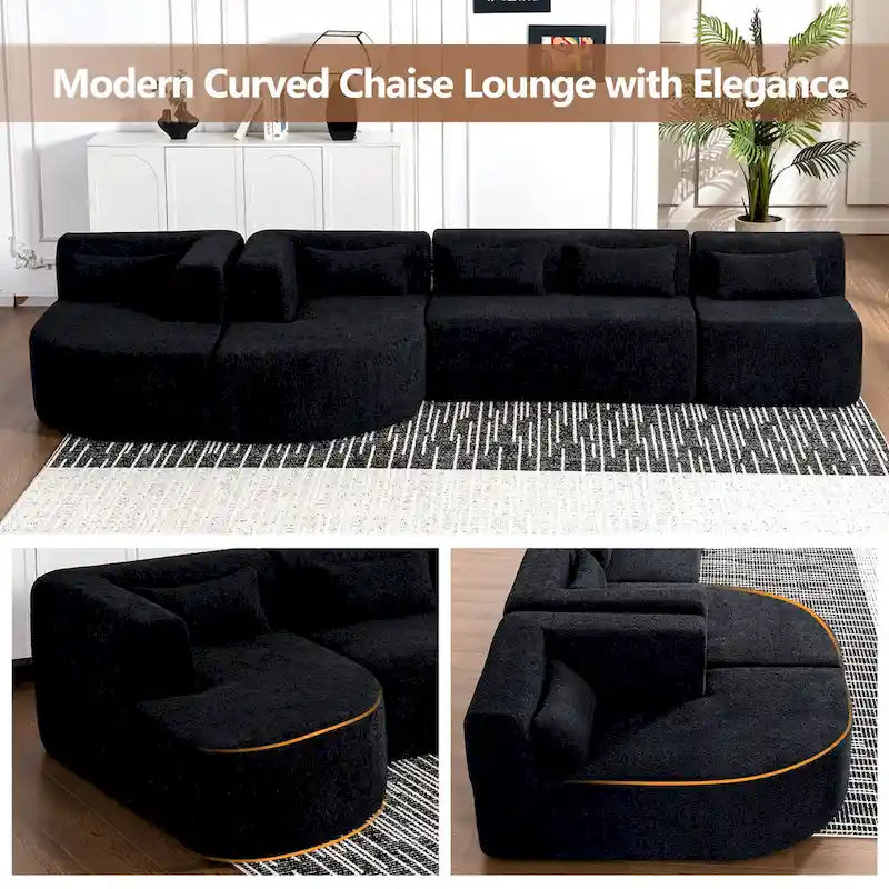 Sofá modular tapizado con 2 chaise longues curvadas y 5 cojines de respaldo, sofá seccional de libre combinación para sala de estar