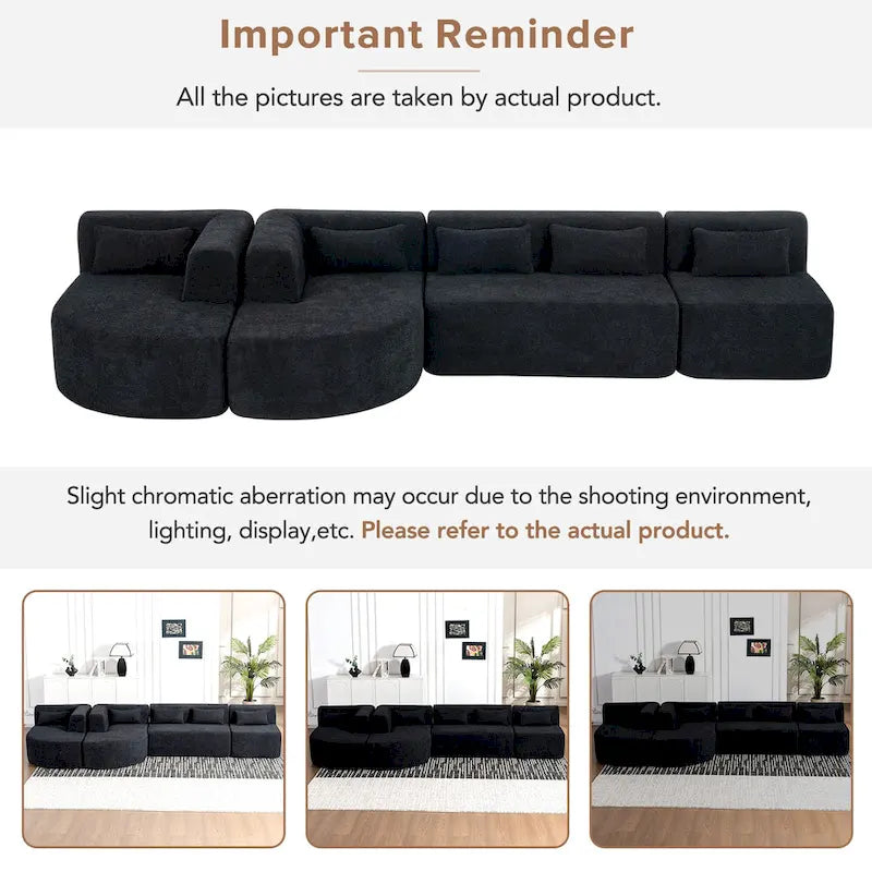 Sofá modular tapizado con 2 chaise longues curvadas y 5 cojines de respaldo, sofá seccional de libre combinación para sala de estar