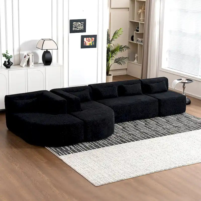 Sofá modular tapizado con 2 chaise longues curvadas y 5 cojines de respaldo, sofá seccional de libre combinación para sala de estar