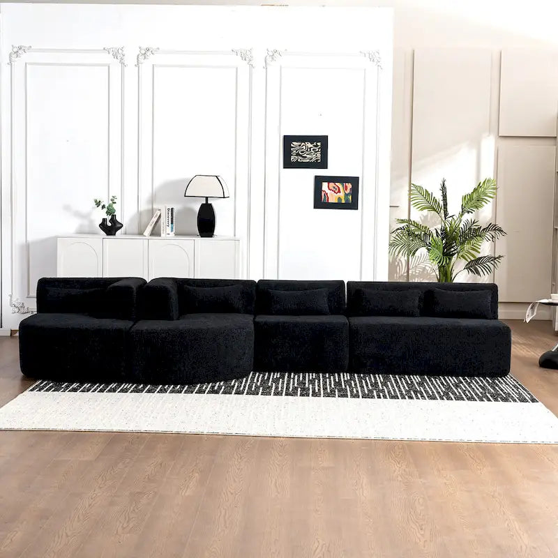 Sofá modular tapizado con 2 chaise longues curvadas y 5 cojines de respaldo, sofá seccional de libre combinación para sala de estar