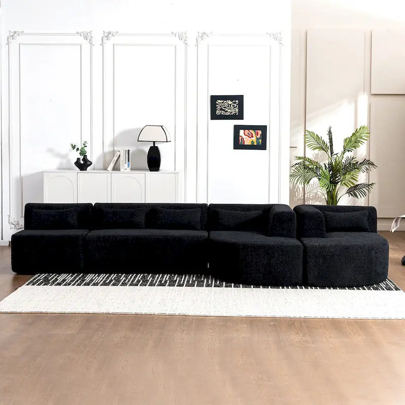 Sofá modular tapizado con 2 chaise longues curvadas y 5 cojines de respaldo, sofá seccional de libre combinación para sala de estar