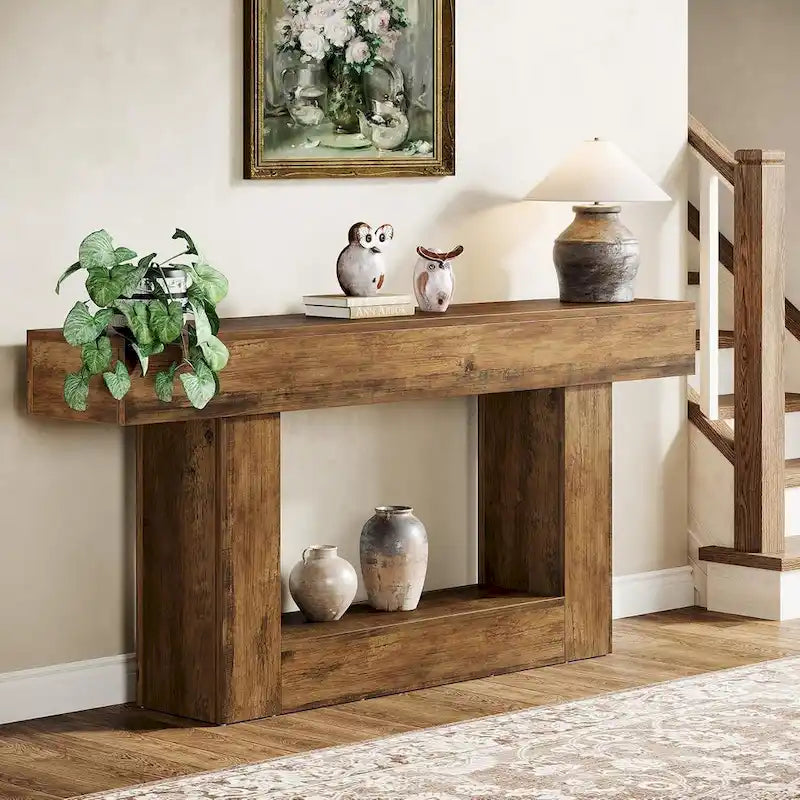 Mesa de entrada rústica de 2 niveles, mesa consola de 160 cm, mesa de sofá estrecha