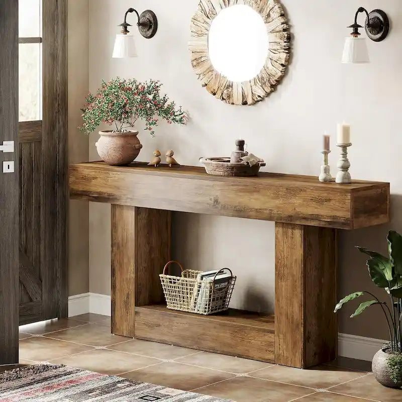 Mesa de entrada rústica de 2 niveles, mesa consola de 160 cm, mesa de sofá estrecha
