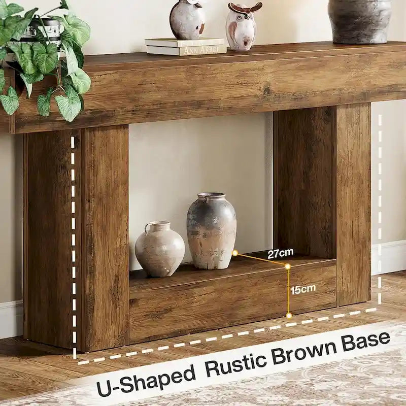 Mesa de entrada rústica de 2 niveles, mesa consola de 160 cm, mesa de sofá estrecha