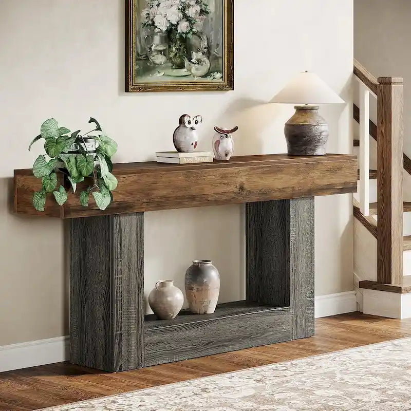 Mesa de entrada rústica de 2 niveles, mesa consola de 160 cm, mesa de sofá estrecha