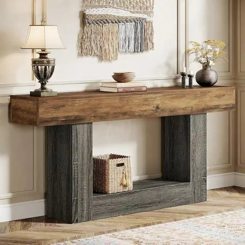 Mesa de entrada rústica de 2 niveles, mesa consola de 160 cm, mesa de sofá estrecha