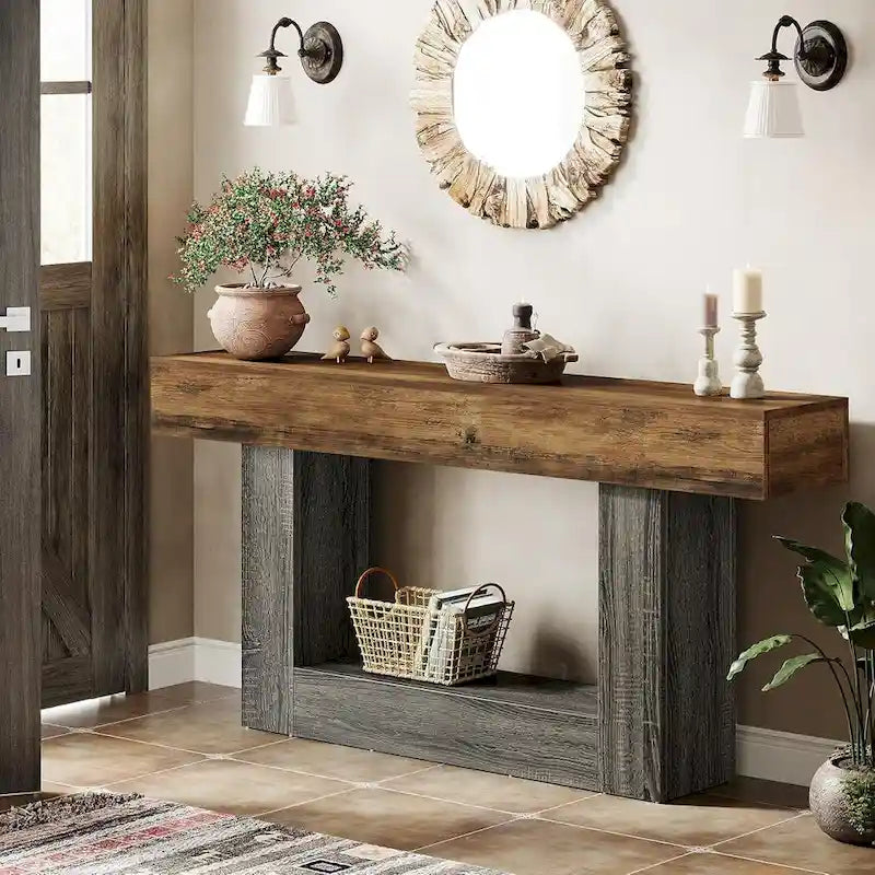 Mesa de entrada rústica de 2 niveles, mesa consola de 160 cm, mesa de sofá estrecha