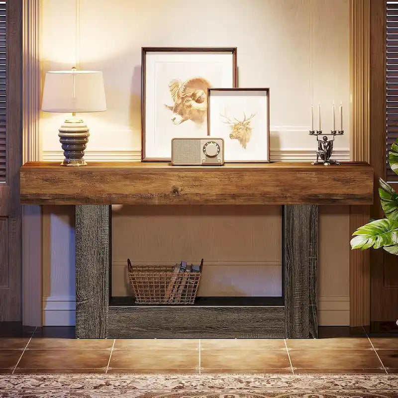 Mesa de entrada rústica de 2 niveles, mesa consola de 160 cm, mesa de sofá estrecha
