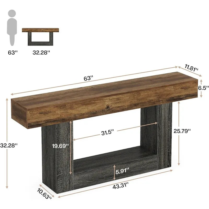 Mesa de entrada rústica de 2 niveles, mesa consola de 160 cm, mesa de sofá estrecha