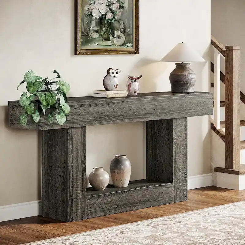 Mesa de entrada rústica de 2 niveles, mesa consola de 160 cm, mesa de sofá estrecha