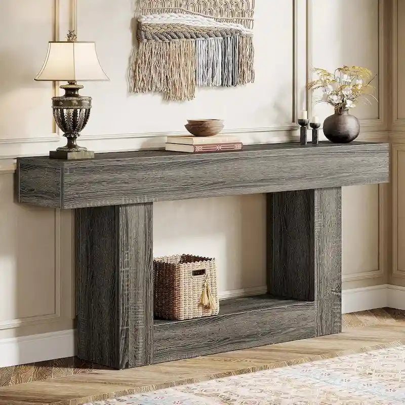 Mesa de entrada rústica de 2 niveles, mesa consola de 160 cm, mesa de sofá estrecha