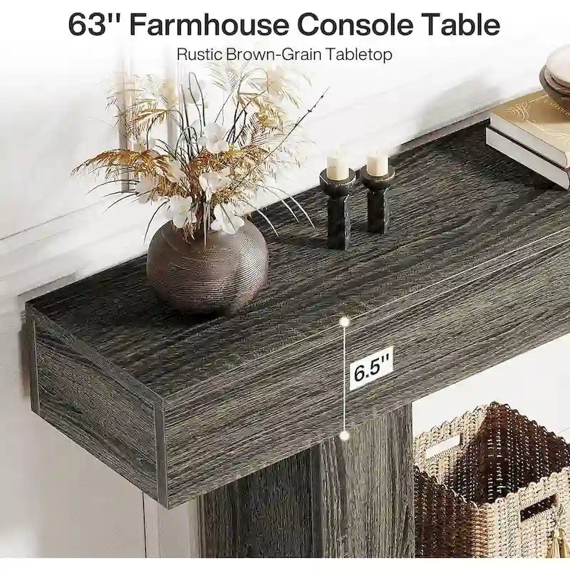 Mesa de entrada rústica de 2 niveles, mesa consola de 160 cm, mesa de sofá estrecha