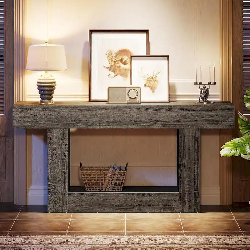 Mesa de entrada rústica de 2 niveles, mesa consola de 160 cm, mesa de sofá estrecha