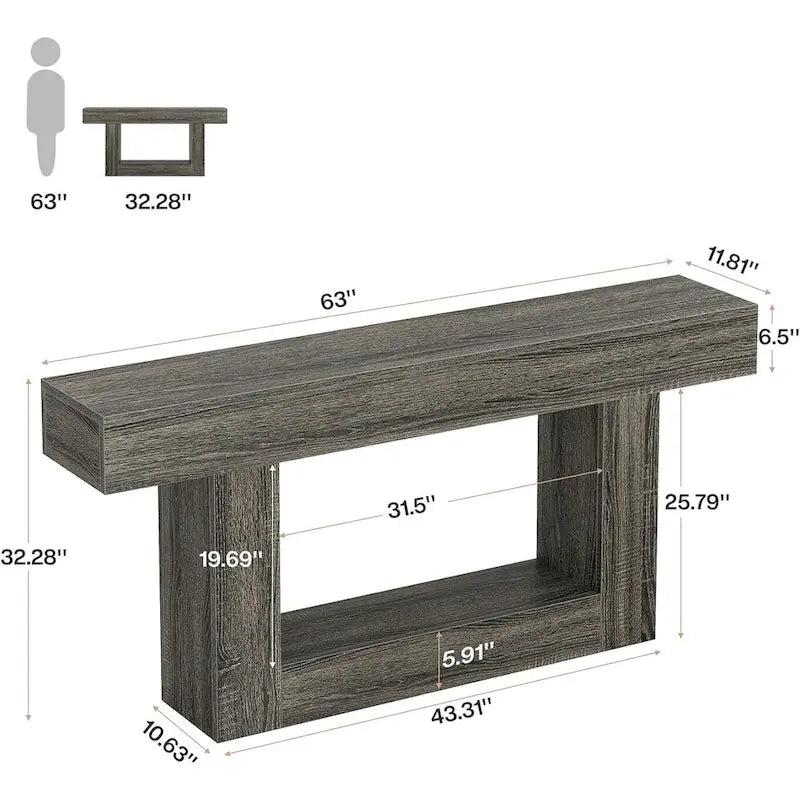 Mesa de entrada rústica de 2 niveles, mesa consola de 160 cm, mesa de sofá estrecha