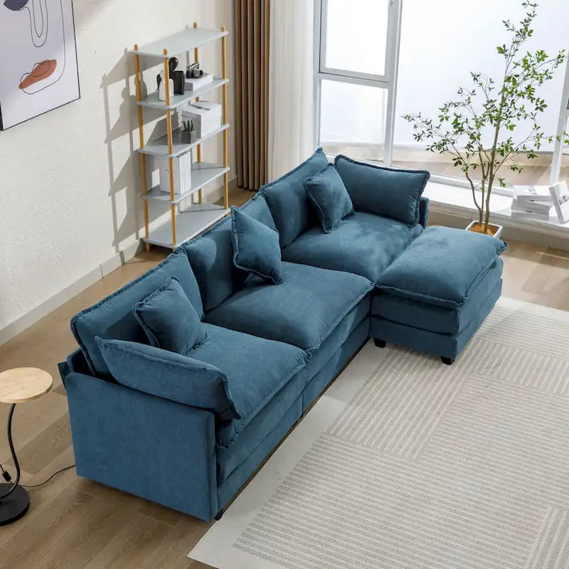 Sofá seccional moderno en forma de L de 4 plazas, azul 112.2, con otomana extraíble