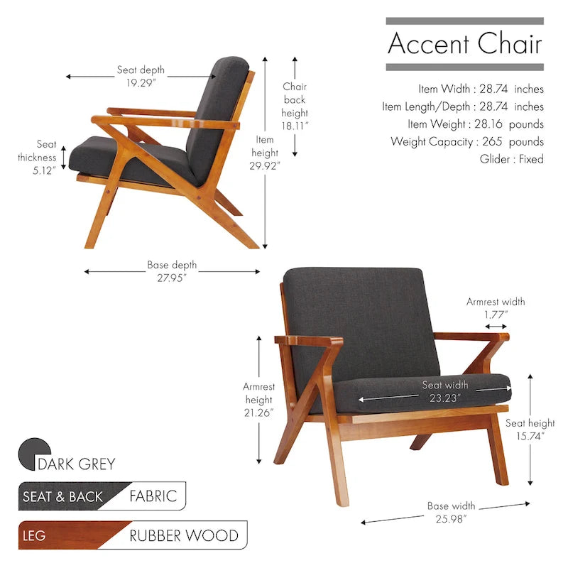 Sillón decorativo de tela con estructura de madera de caucho y cojines extraíbles