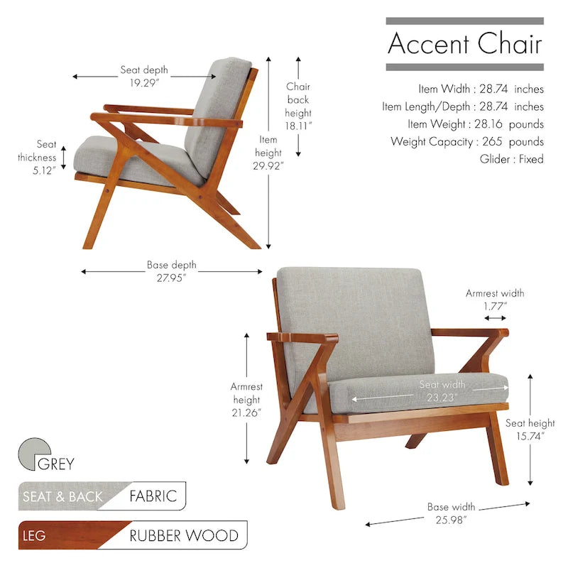 Sillón decorativo de tela con estructura de madera de caucho y cojines extraíbles