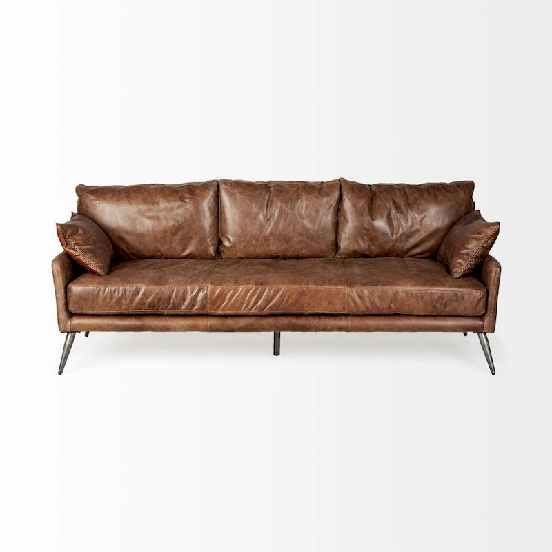 Sofá de cuero genuino marrón - 82.0L x 33.0W x 32.3H