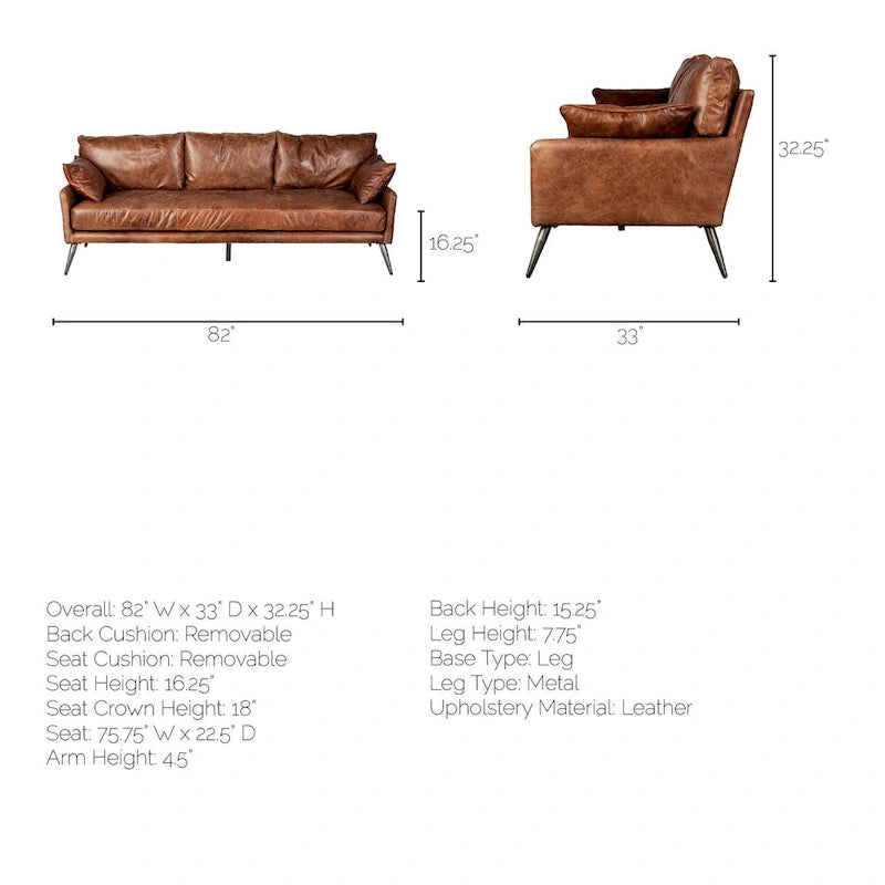 Sofá de cuero genuino marrón - 82.0L x 33.0W x 32.3H