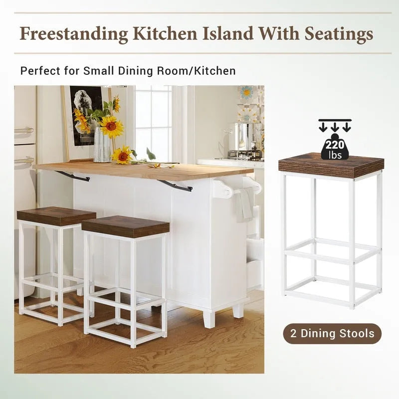 Juego de isla de cocina con extensión plegable y 2 asientos