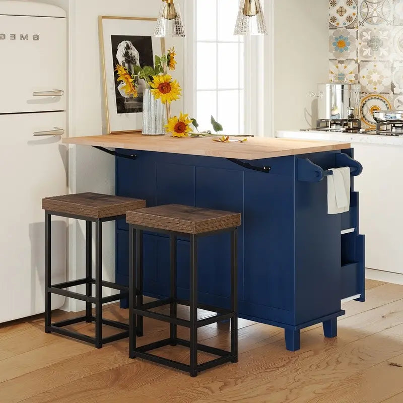 Juego de isla de cocina con extensión plegable y 2 asientos